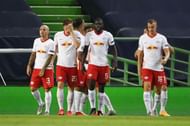 RB Leipzig players celebrate Dani Olmo's opening goal
